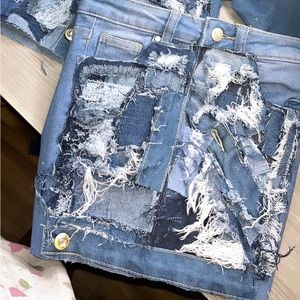 CUSTOM made distressed jean patch skirt